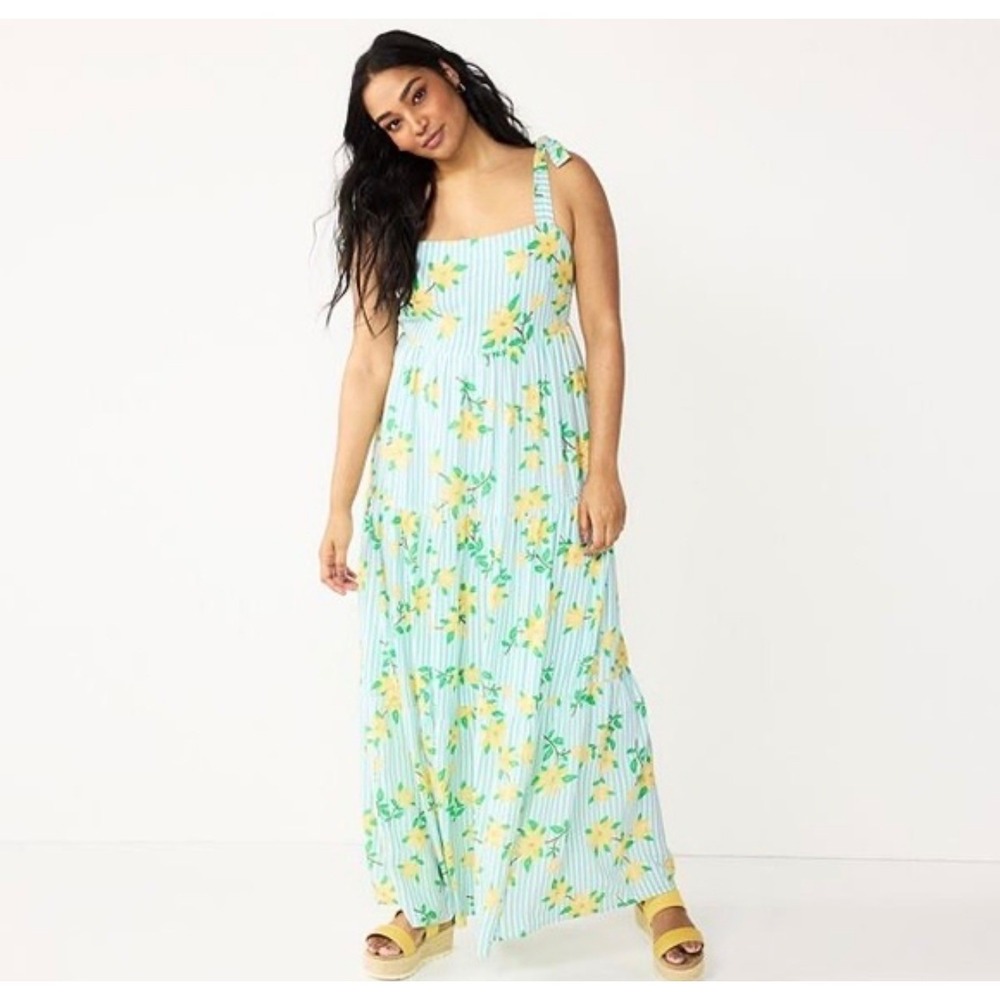 Draper James Floral Maxi Dress Women's Blue Stripe Sundress Cottagecore Summer M